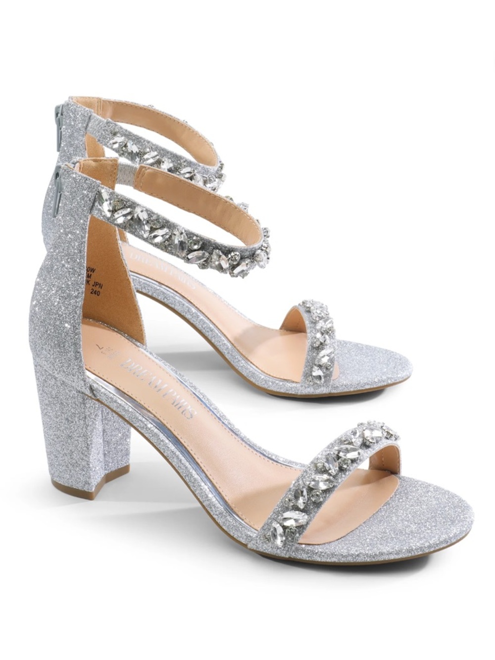 NWOT DREAM PAIRS Women's Low Chunk Heel Silver Sparkling Prom Sandals Size 8.5